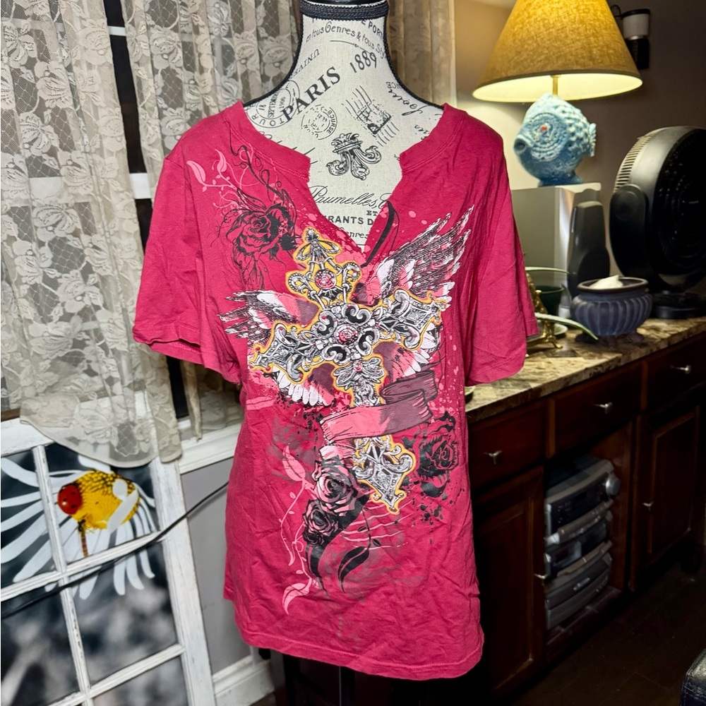 Lane Bryant Red and Black Graphic Short Sleeve Tee